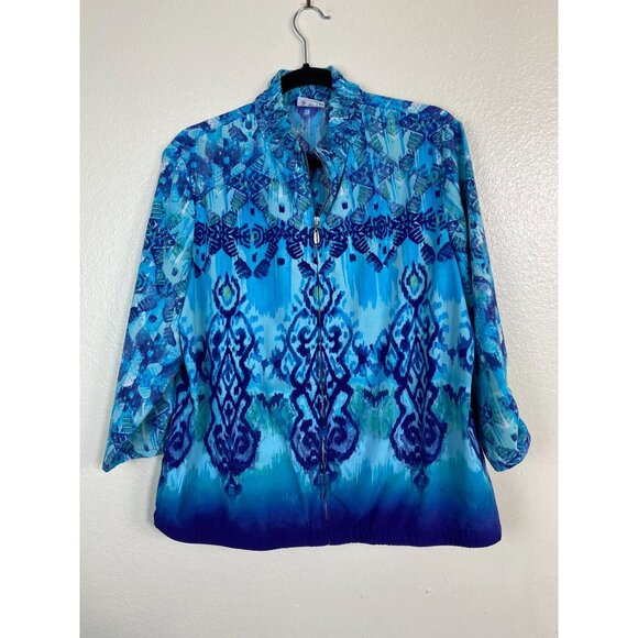 Zenergy Chicos 2 Blue Ikat Zip Up Jacket Sz Large Boho Geometric Artsy Lagenlook - Picture 14 of 14